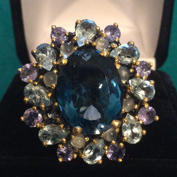 ⭐️ONE OF A KIND ⭐️Genuine London Blue Topaz with Tanzanite & Moonstone Ring - Picture 2 of 15